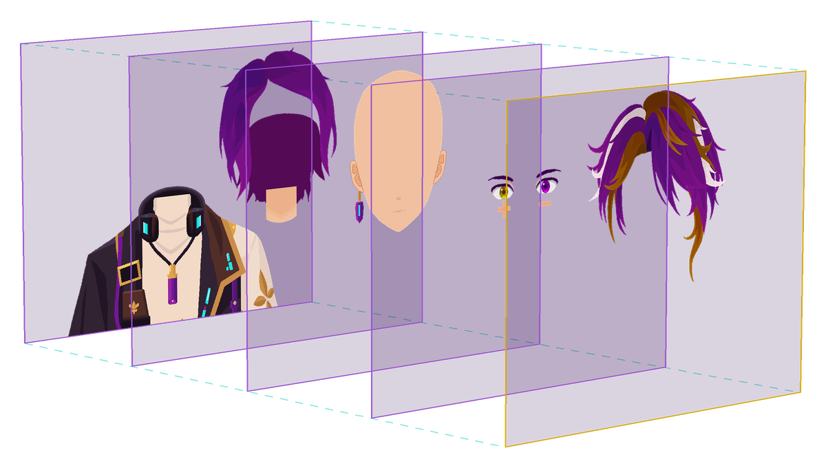 Les calques du dessin écartés en profondeur : cheveux de derrière, corps, visage, cheveux de devant.